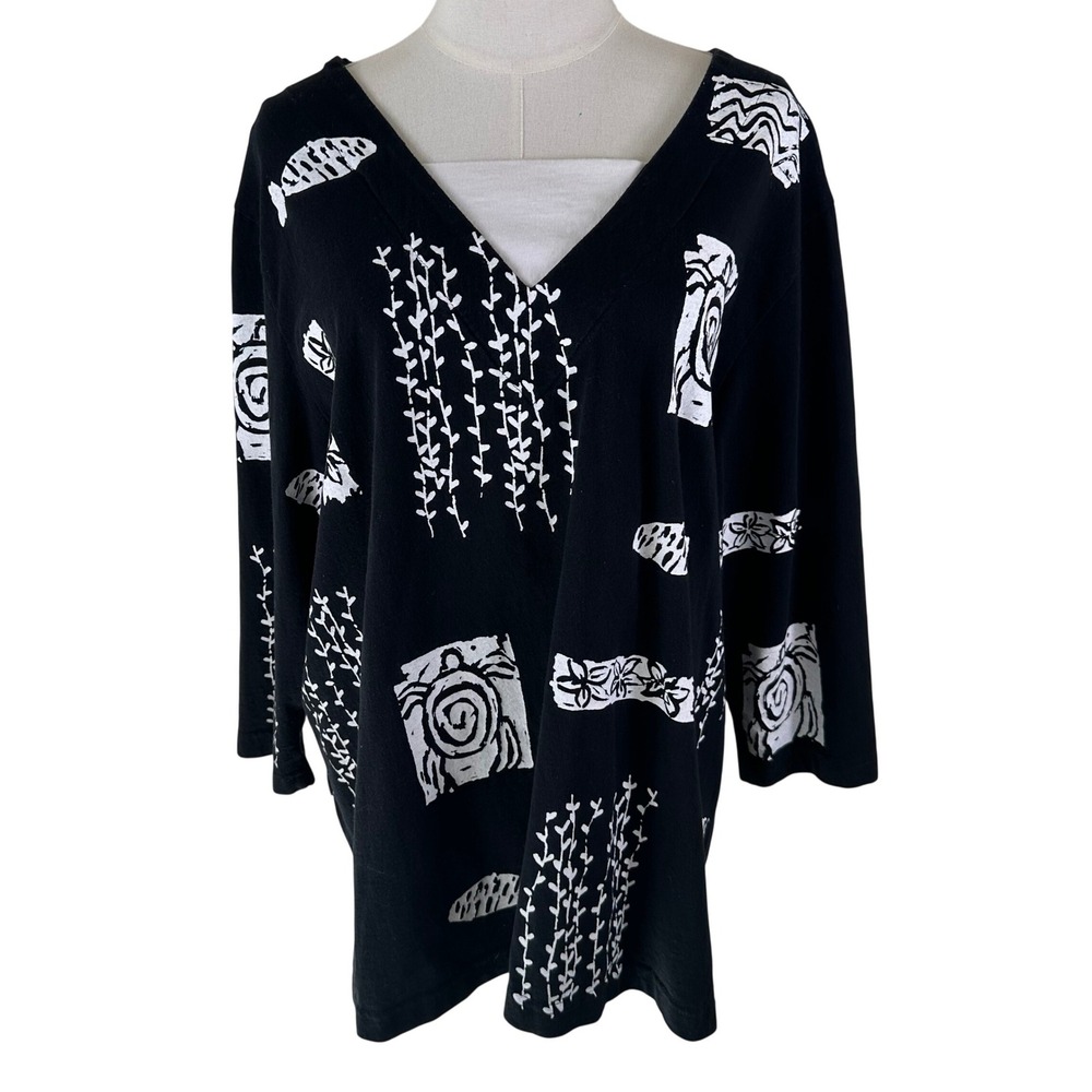 Vtg M. Mac Tunic Top Women 1X Black Coastal Art to Wear Sea Turtle Fish Nautical